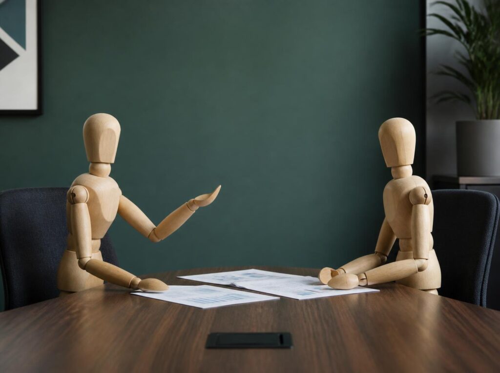 Two wooden drawing mannequins in a calm disagreement across a meeting table