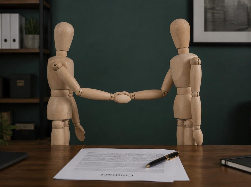 Two wooden drawing mannequins shaking hands over a contract