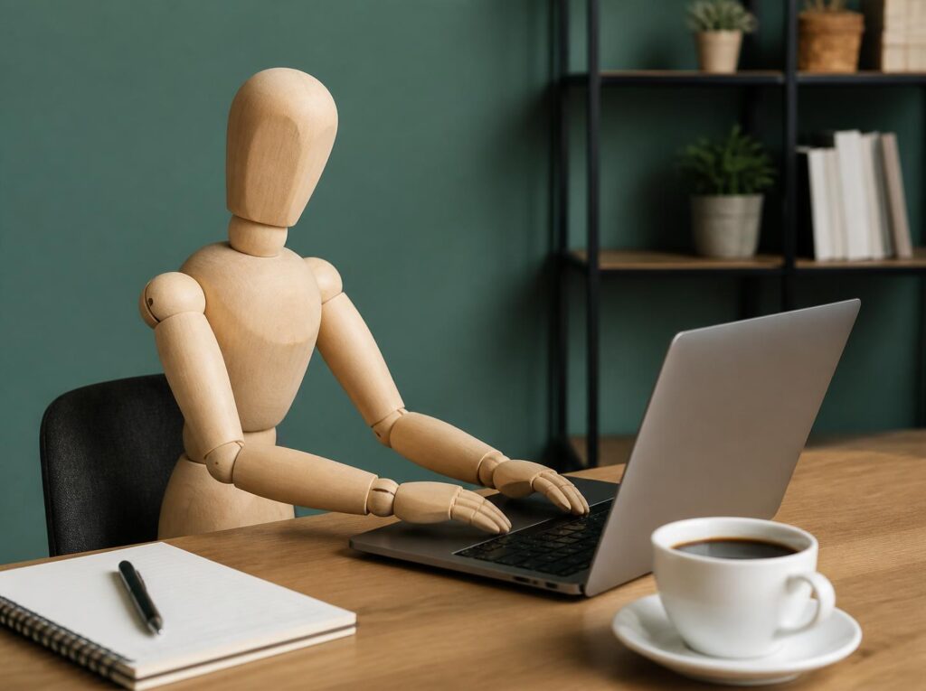 Wooden drawing mannequin typing on a laptop beside a coffee cup