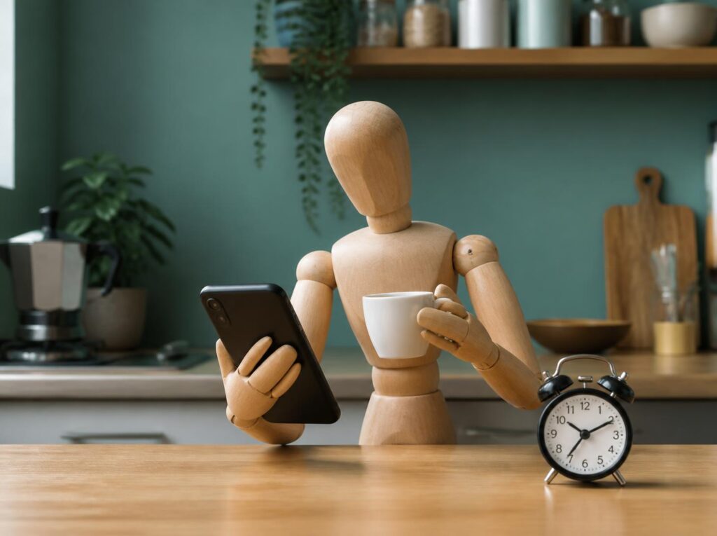 Wooden drawing mannequin with a phone and espresso at a kitchen counter, alarm clock beside it