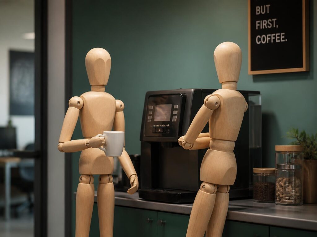 Two wooden drawing mannequins chatting by an office coffee machine