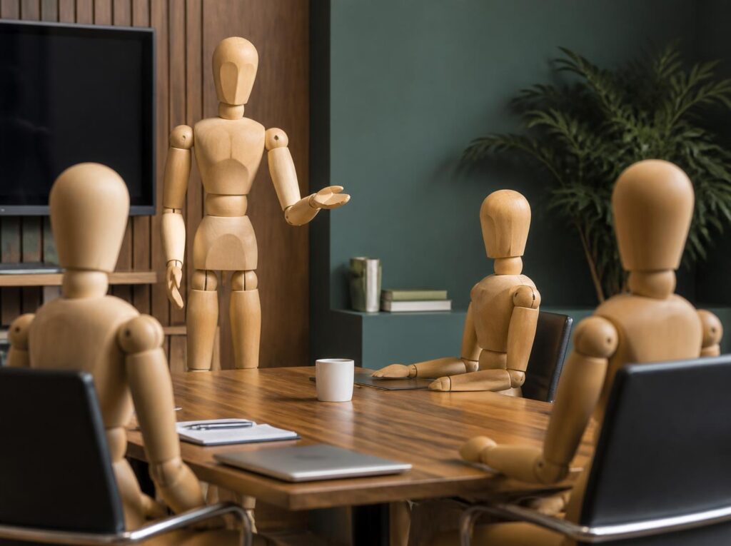 Wooden drawing mannequin speaking confidently at the head of a meeting table