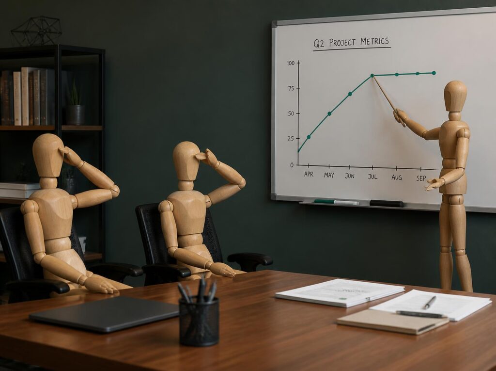 Three wooden drawing mannequins in a meeting, one pointing at a chart that rises then flattens