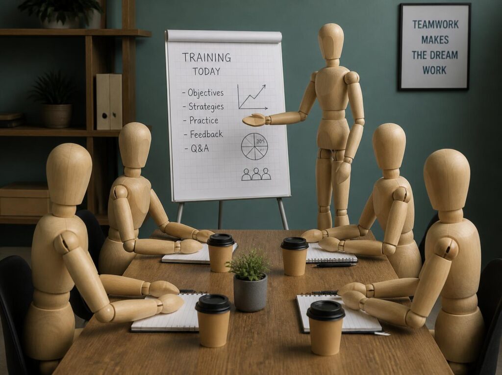 Five wooden drawing mannequins in a business training workshop around a flip chart