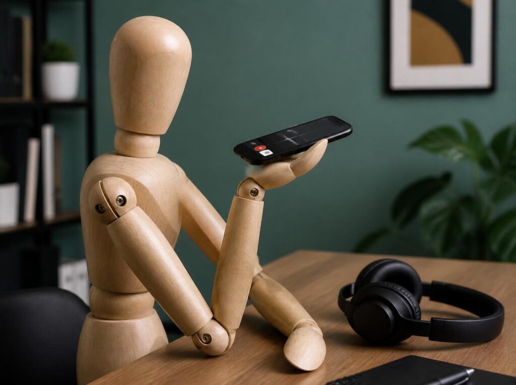 Wooden drawing mannequin recording a voice message on a smartphone, headphones on the desk