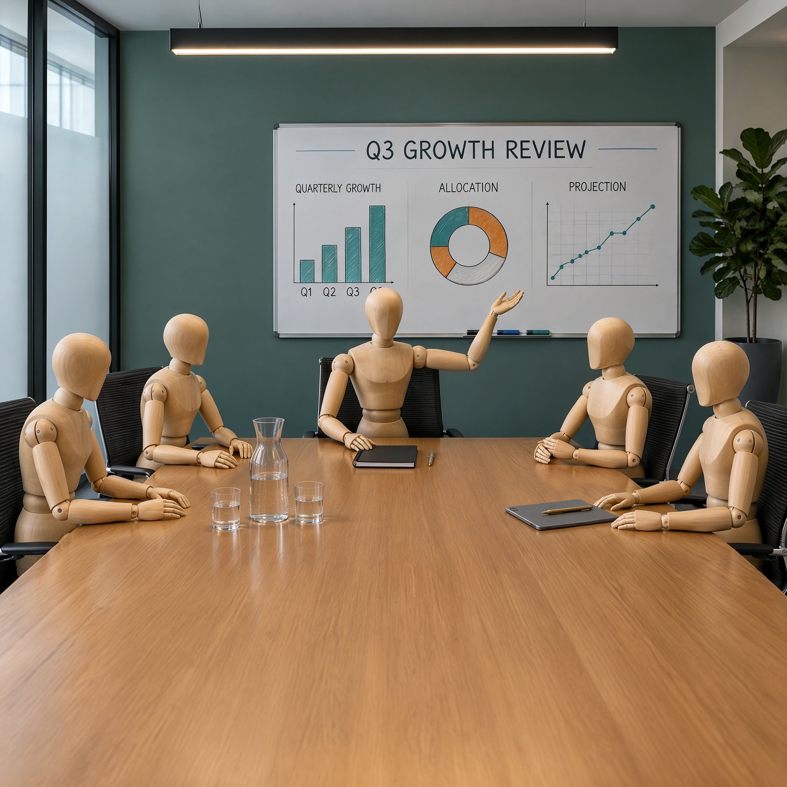 Wooden drawing mannequins seated around a conference table reviewing charts on a whiteboard