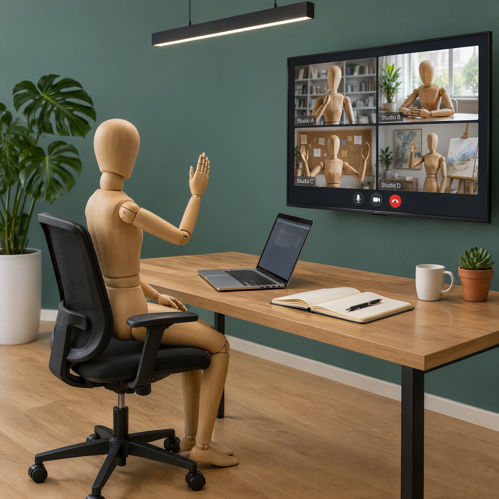 Wooden drawing mannequin seated at a desk on a video call with four colleagues on a wall screen